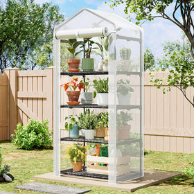 SUPERLELE balcony setup showing four-tier shelves for plant organization.