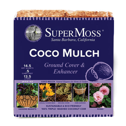 SuperMoss Coco Mulch mini bale closeup showing rich texture for healthier roots.