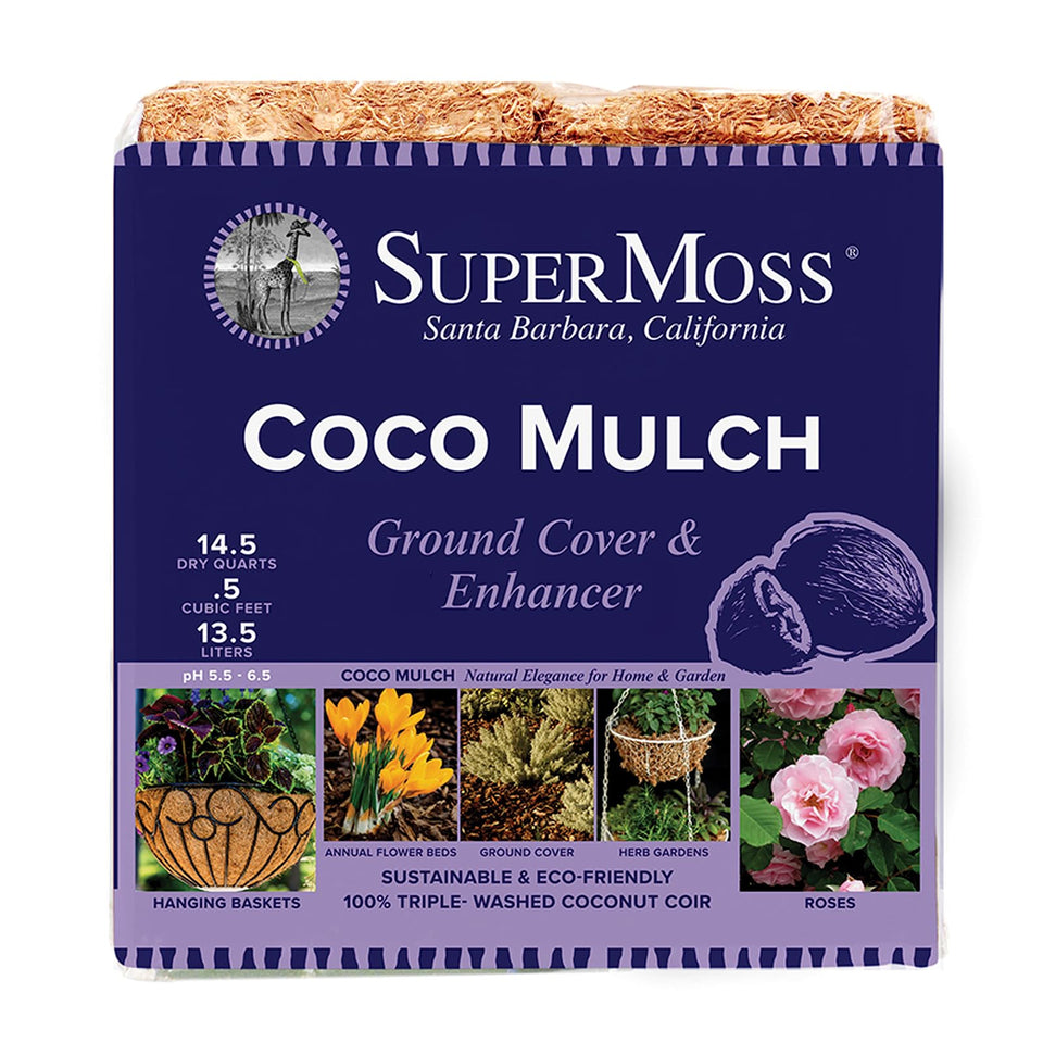 SuperMoss Coco Mulch mini bale closeup showing rich texture for healthier roots.