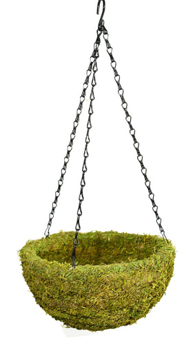 SuperMoss MossWeave Round hanging basket highlights durable, decorative moss for outdoor flowering plants
