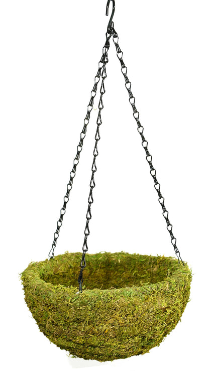 SuperMoss MossWeave Round hanging basket highlights durable, decorative moss for outdoor flowering plants