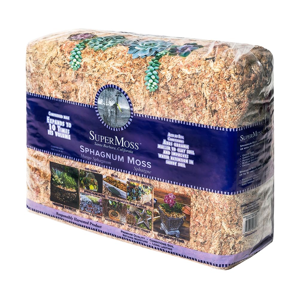 SuperMoss Orchid Sphagnum moss dried in a small bale for moisture retention in pots.