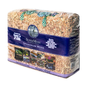 SuperMoss Orchid Sphagnum moss dried in a small bale for moisture retention in pots.