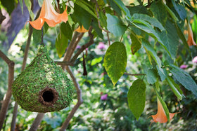 Close-up of SuperMoss Raindrop Birdhouse highlighting woven texture and nesting material.