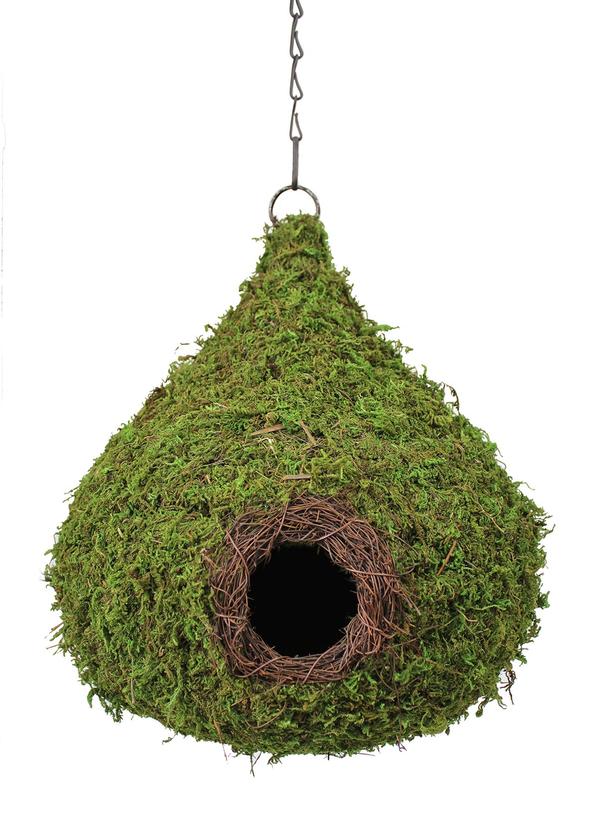 SuperMoss Raindrop Birdhouse with chain shown outdoors for bird nesting.