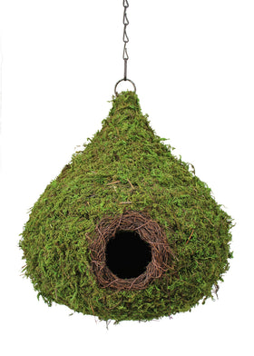 SuperMoss Raindrop Birdhouse with chain shown outdoors for bird nesting.