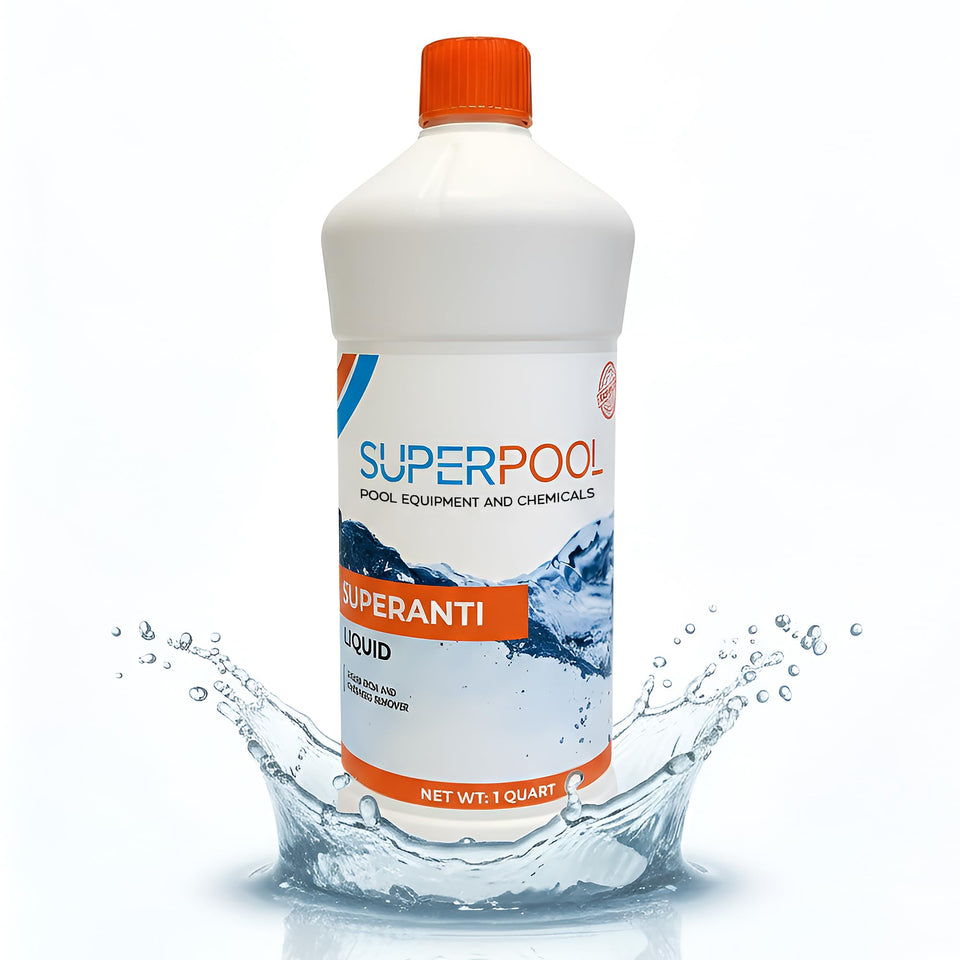 Superpool bottle pour demonstrates easy stain control for pools.