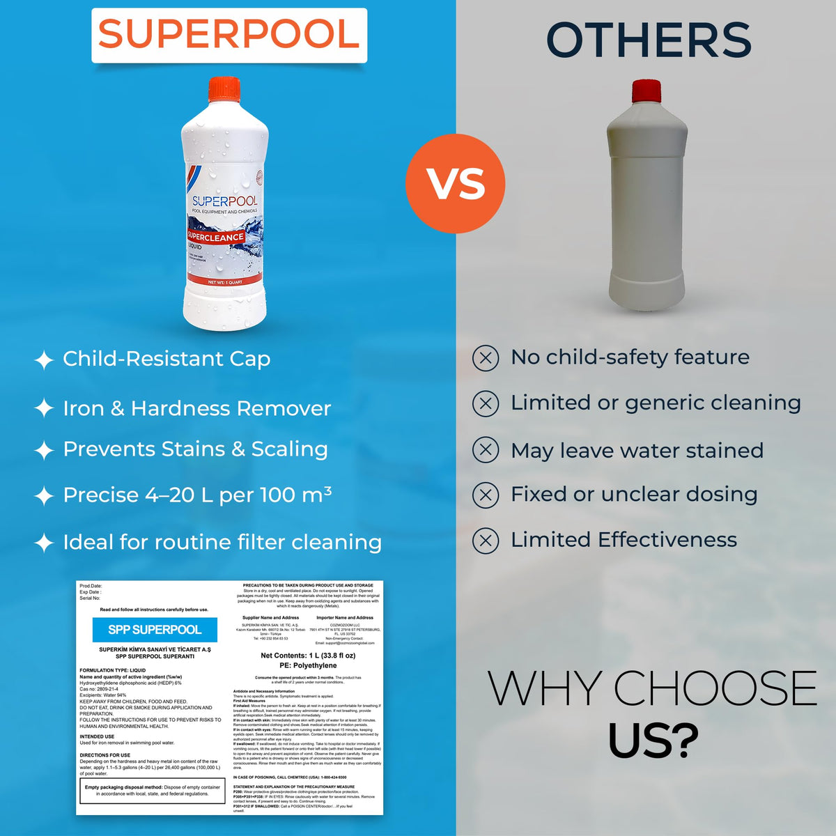 Superpool metal-out action binds metals to limit staining.