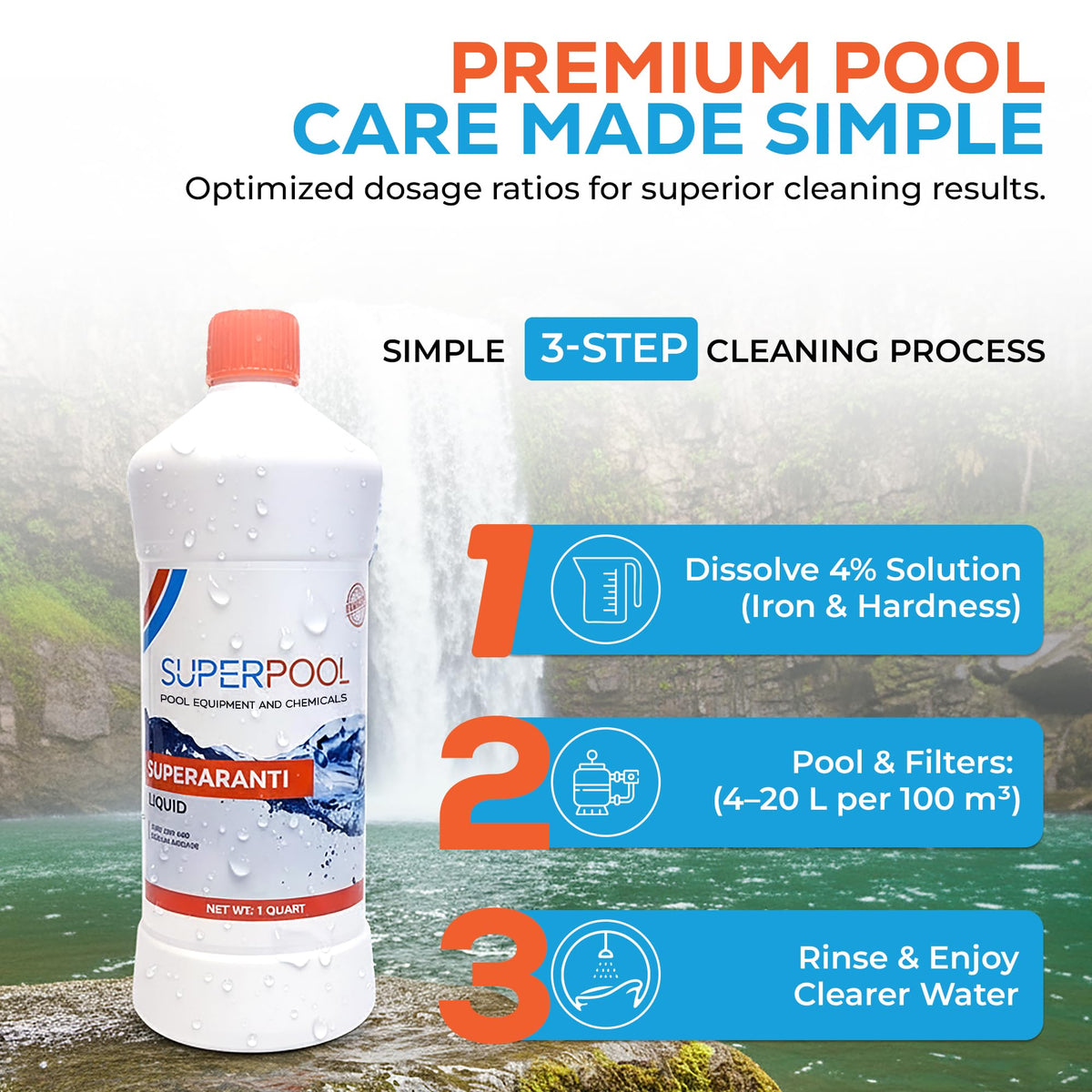 Superpool copper stain removal tackles hard water discoloration on pool surfaces.