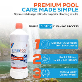 Superpool copper stain removal tackles hard water discoloration on pool surfaces.