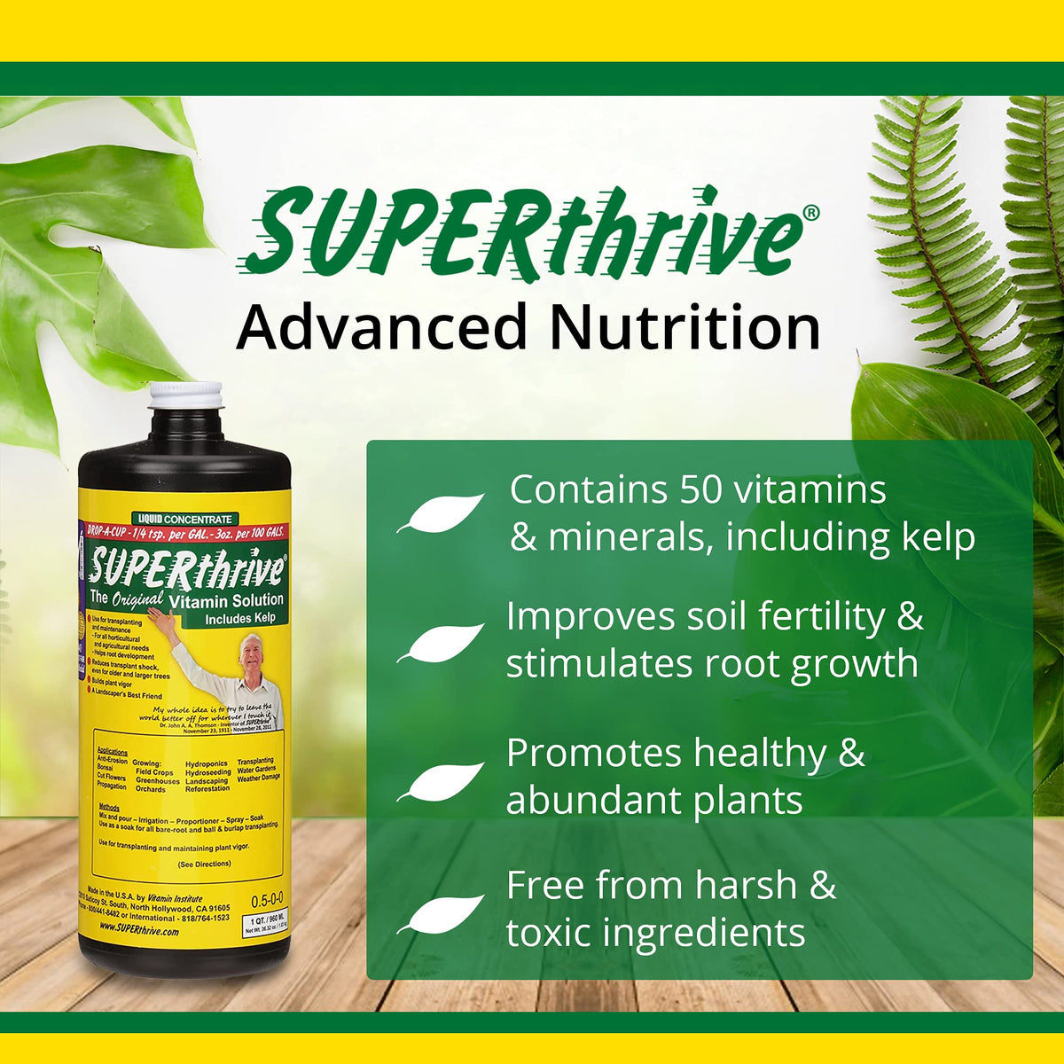 SUPERthrive label close-up highlighting kelp blend and vitamins for plant health