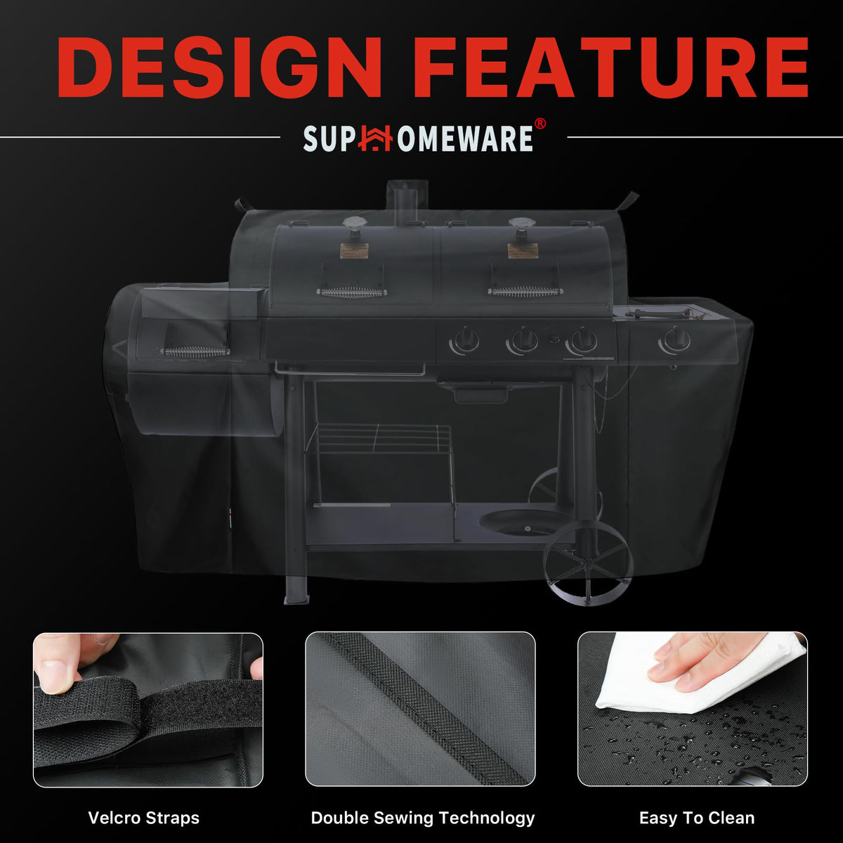 Suphomeware easy-clean design allows quick hose-down after grilling.