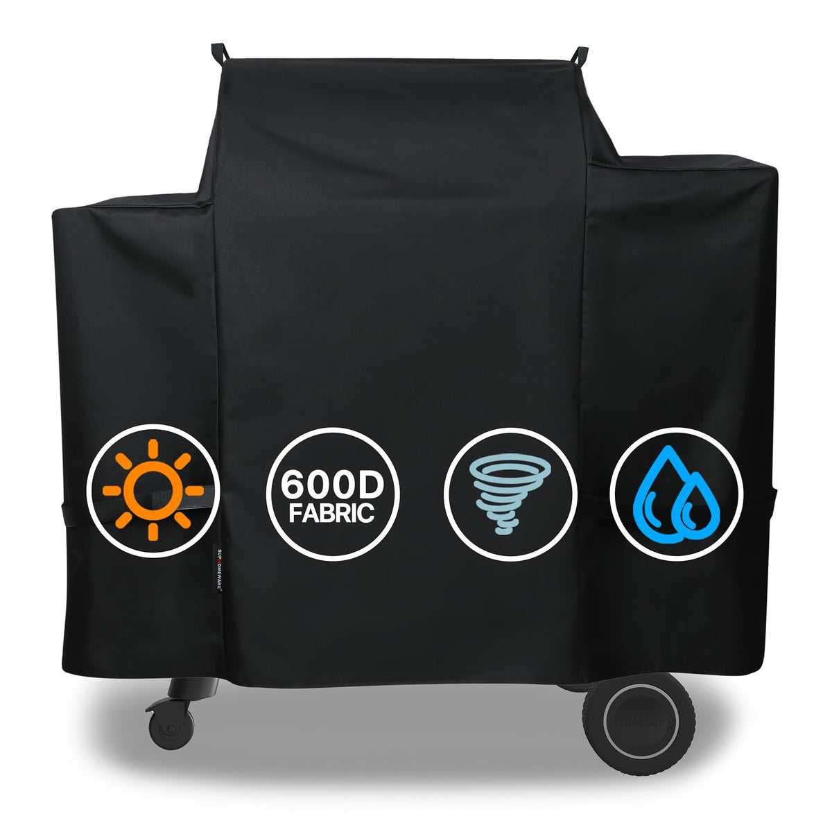 Suphomeware Traeger Ironwood 650 grill cover on full-size grill for all-weather protection.