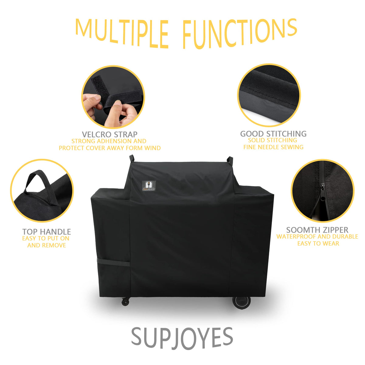 Velcro strap detail on SUPJOYES grill cover for snug fit.