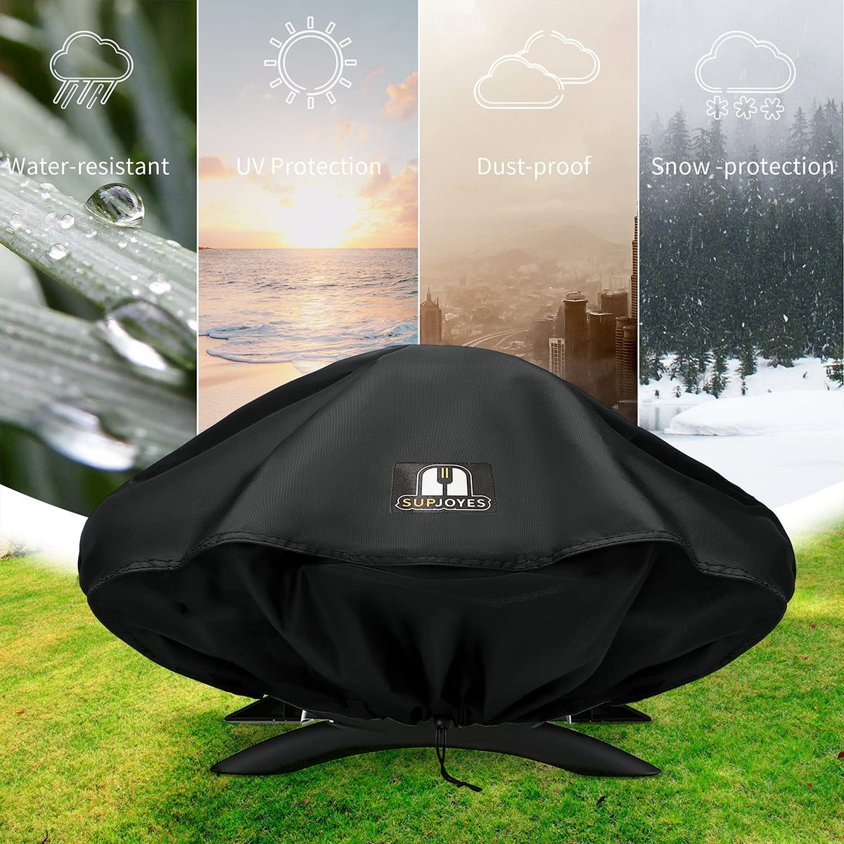 SUPJOYES grill cover for Weber Q is easy to hose down.