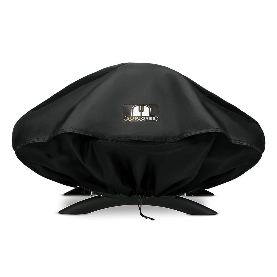 SUPJOYES grill cover for Weber Q series front view protecting from rain and sun.