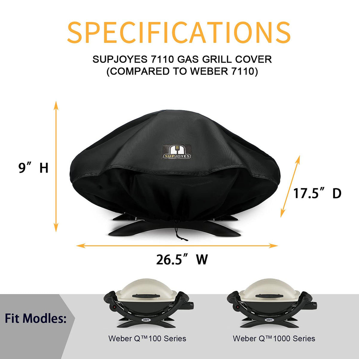 SUPJOYES grill cover Weber Q side view shields wind and moisture.