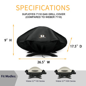 SUPJOYES grill cover Weber Q side view shields wind and moisture.