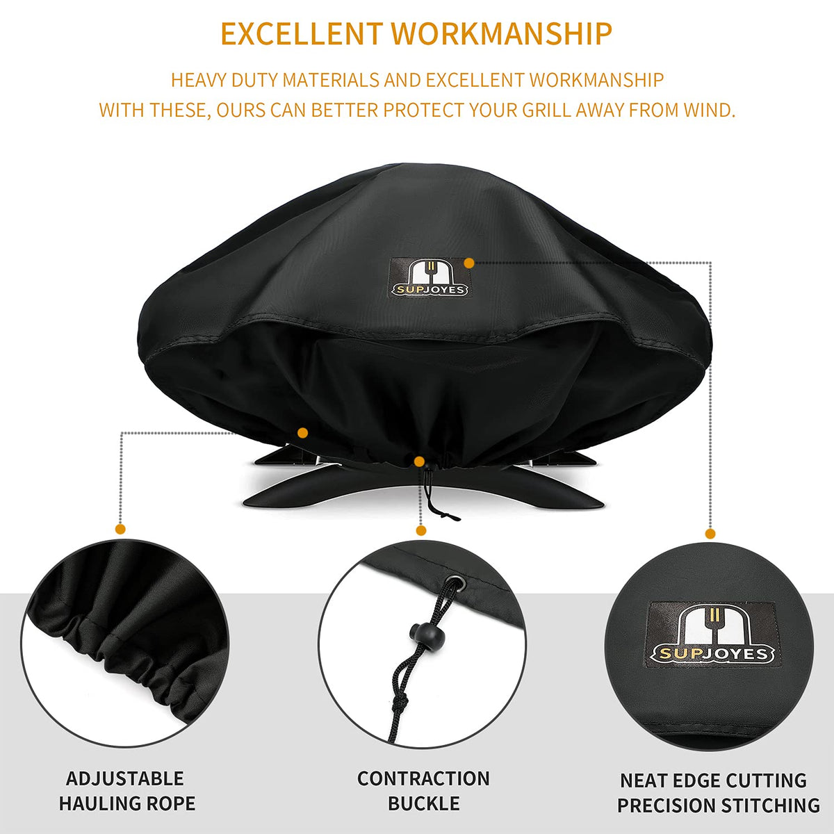 SUPJOYES grill cover uses waterproof fabric to guard against rain.