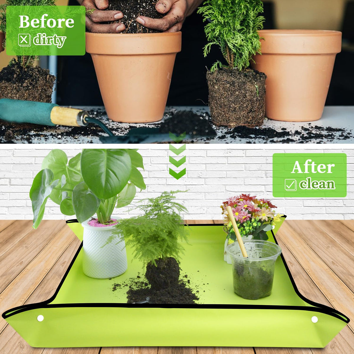 SupKing repotting mat with corner buckles keeps dirt contained during transplanting.