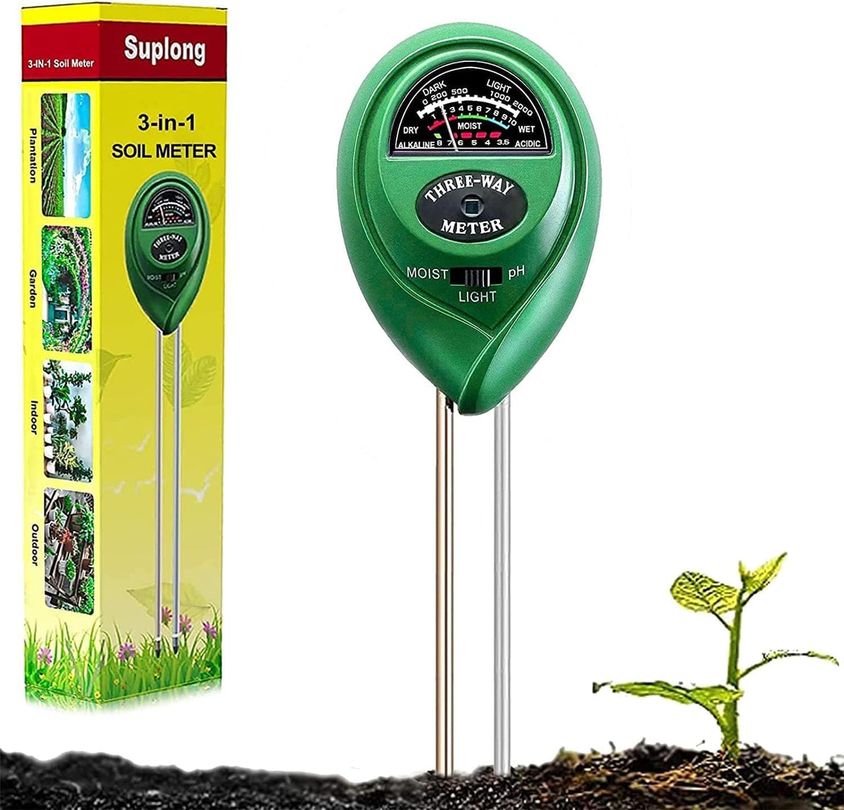 Suplong 3 in 1 soil moisture meter shows moisture, pH, and light for healthy plant care.