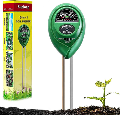 Suplong 3 in 1 soil moisture meter shows moisture, pH, and light for healthy plant care.