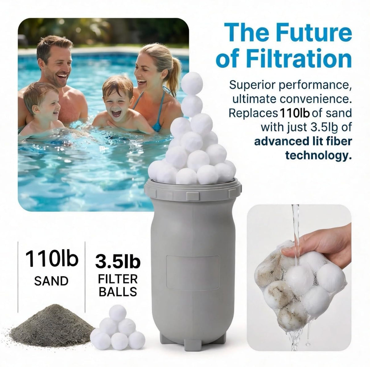 Supoice filter balls being rinsed with a hose, demonstrating easy cleaning