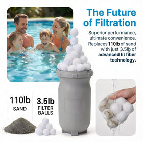 Supoice filter balls being rinsed with a hose, demonstrating easy cleaning