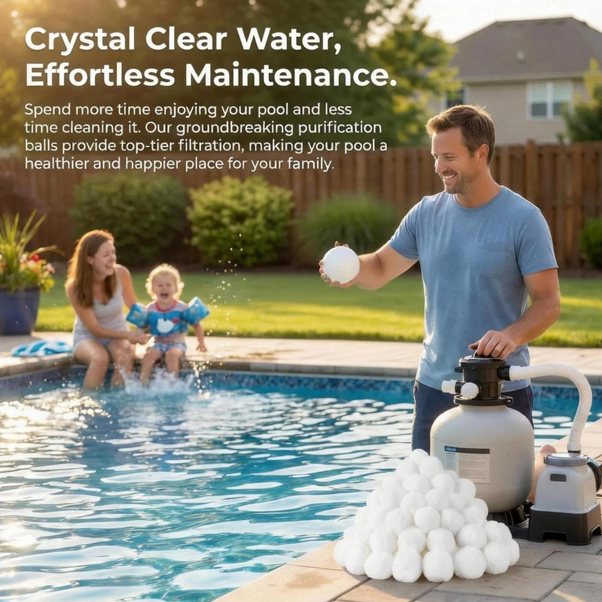 Supoice pool filter balls in housing illustrating easy replacement and setup