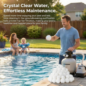 Supoice pool filter balls in housing illustrating easy replacement and setup