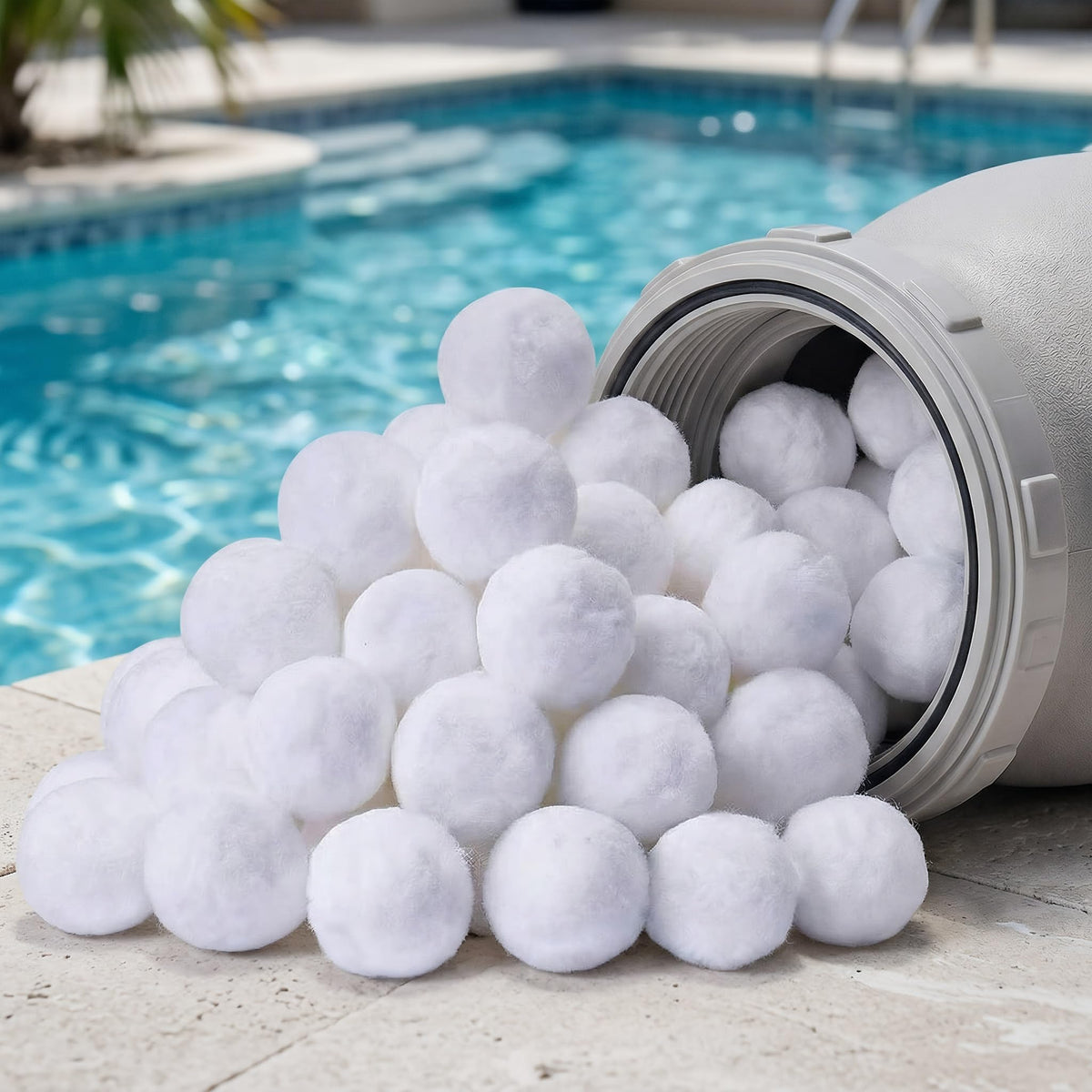Supoice pool filter balls closeup showing white fiber media for debris capture