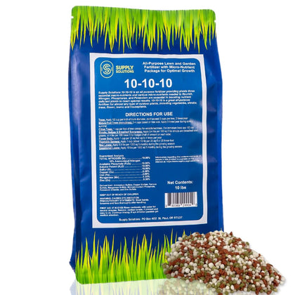 Supply Solutions 10-10-10 bag ready for soil feeding to support lawns and gardens.