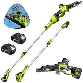 Supstable 10-inch cordless chainsaw cuts thick branches from the ground.