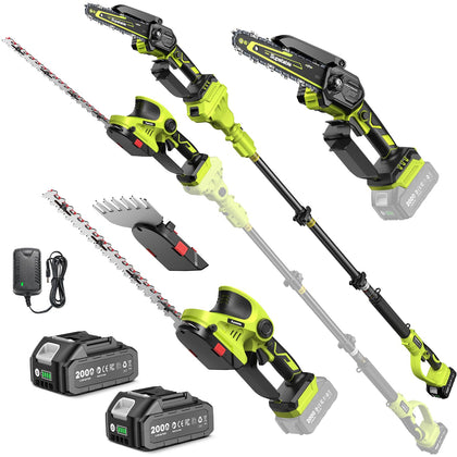 Supstable 6-in-1 pole saw and hedge trimmer enabling ground-level pruning.