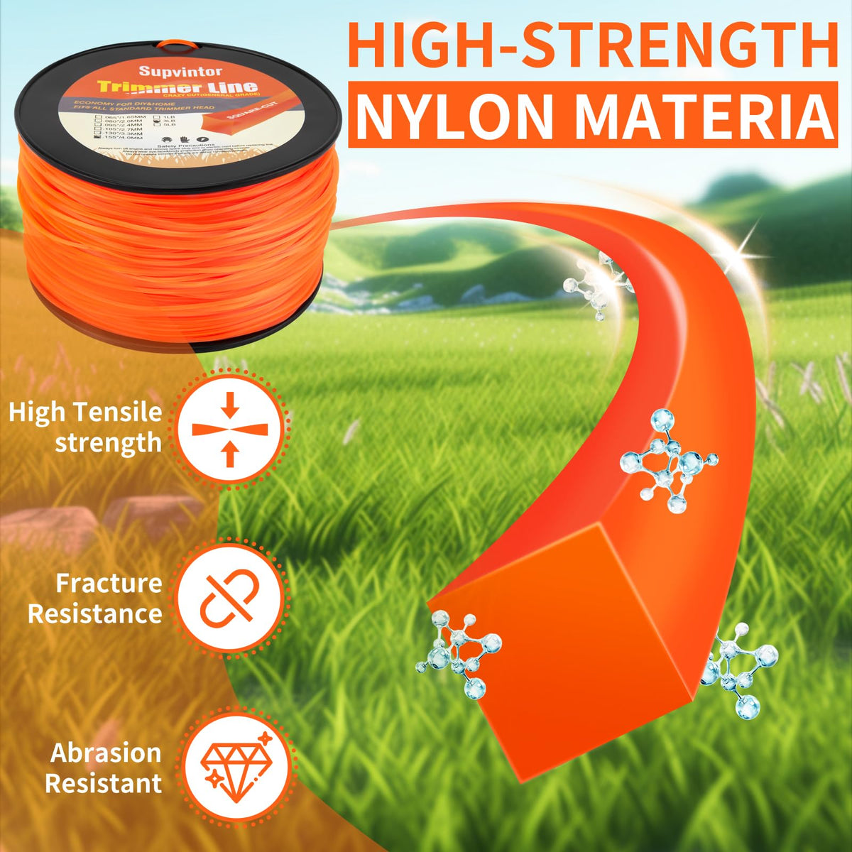 Supvintor 155 square trimmer line close-up shows tough nylon 66 construction