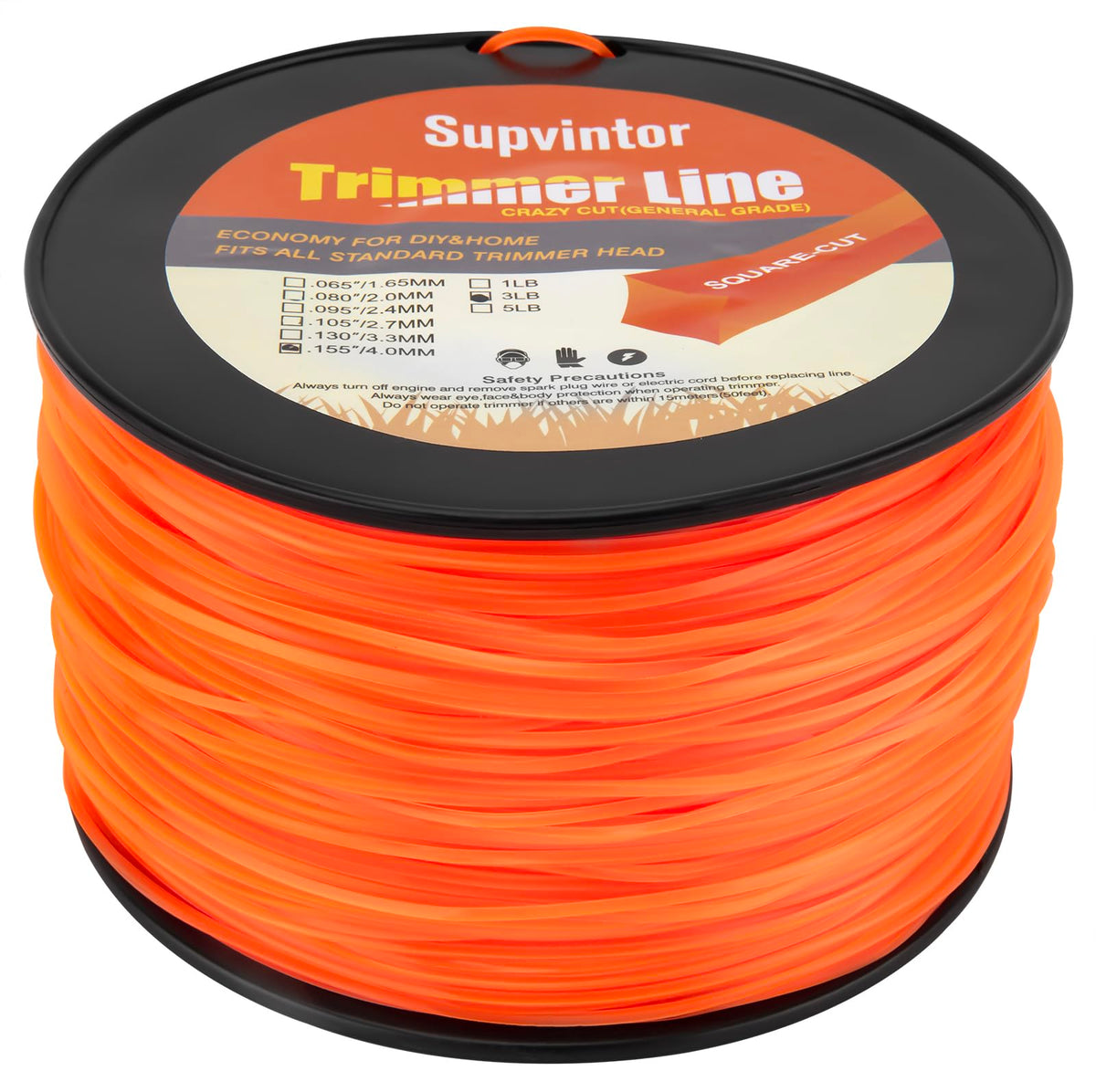 Supvintor 155 square trimmer line packaging showing wide compatibility with garden tools