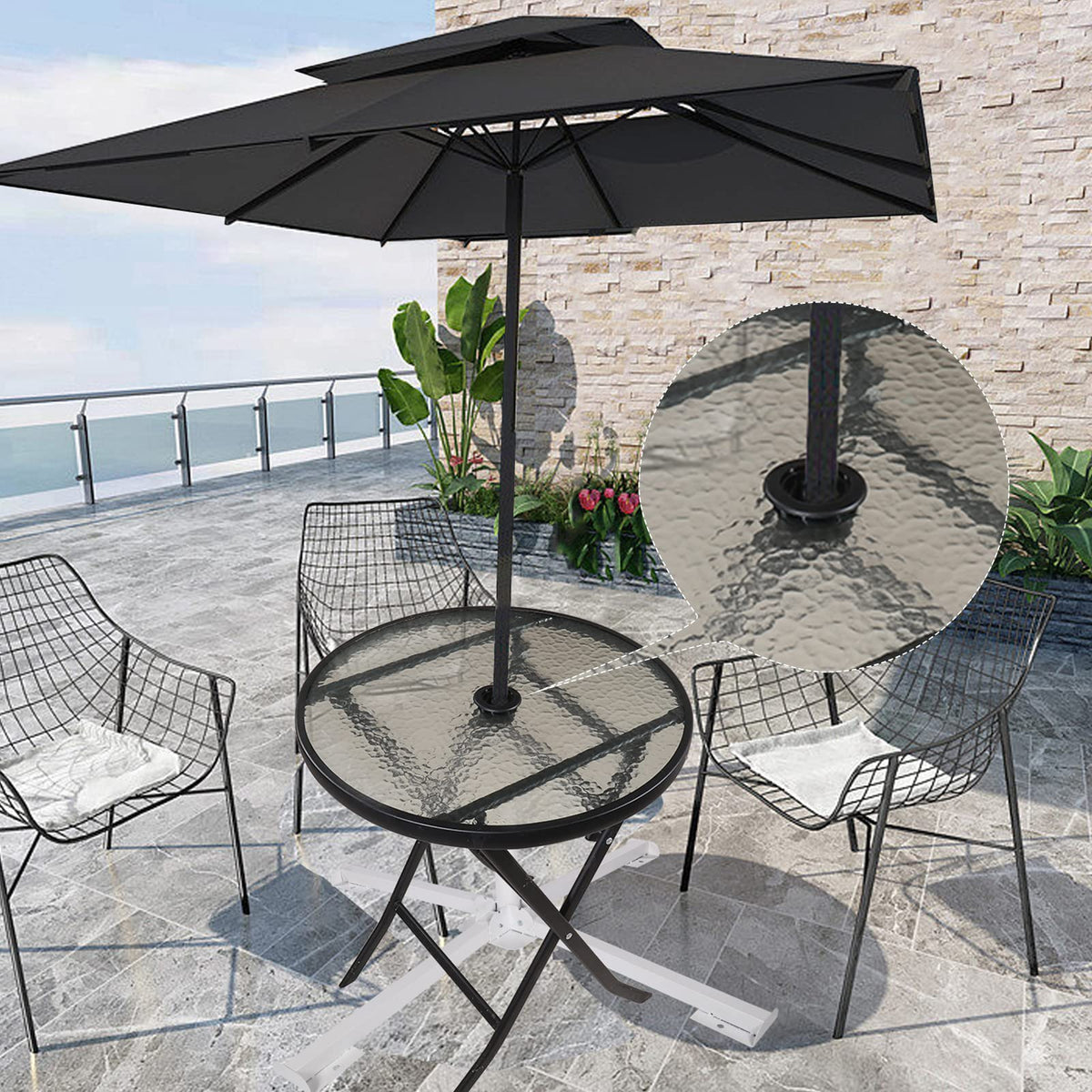 SUQ I OME wind-stabilization ring reduces parasol sway in gusty winds.