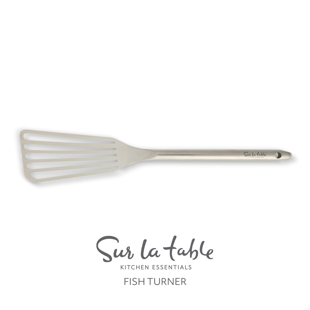 Sur La Table Steelhaus fish turner head closeup, sturdy edge for delicate seafood.