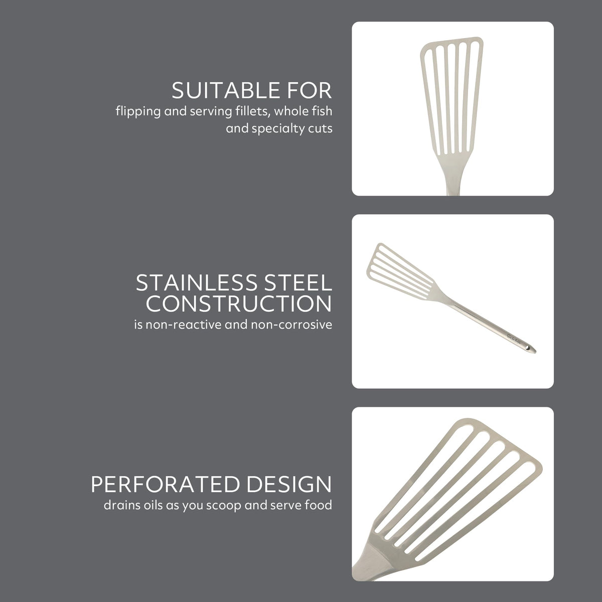 Sur La Table Steelhaus fish turner stainless steel handle with ergonomic grip.