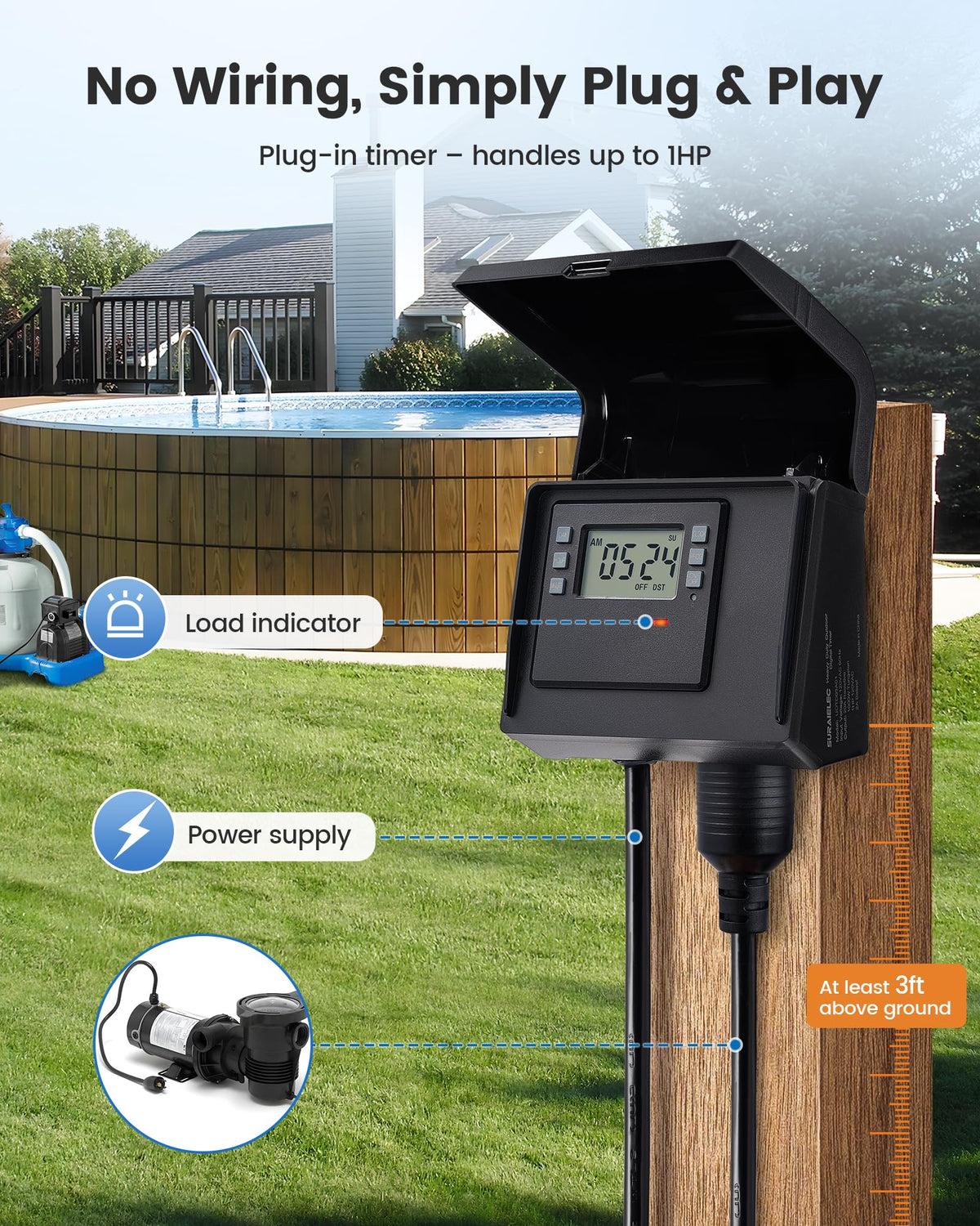 SURAIELEC Digital Pool Timer side view highlights durable design for outdoors