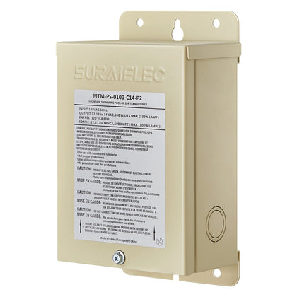 SURAIELEC 100W pool light transformer front view showing compact outdoor ready design