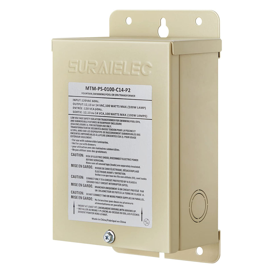 SURAIELEC 100W pool light transformer front view showing compact outdoor ready design