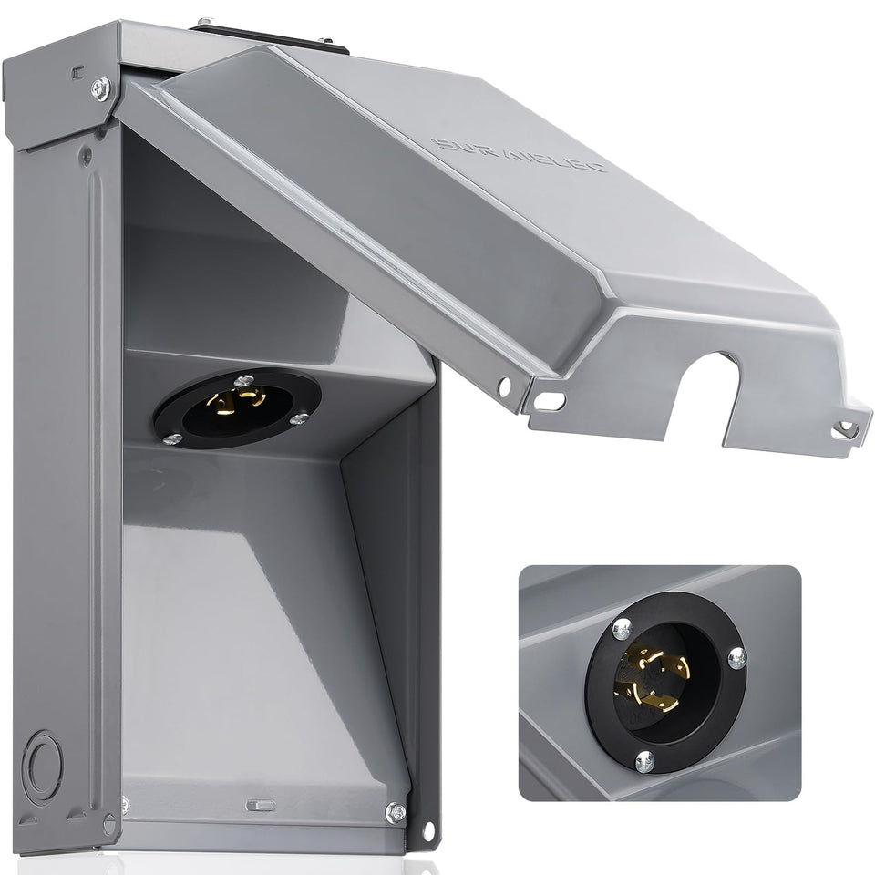 SURAIELEC 30 Amp generator inlet box, front view, weatherproof outdoor backup power ready.