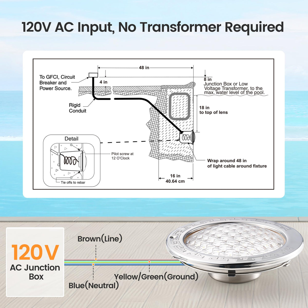 SURAIELEC pool light connected by a 100ft cord