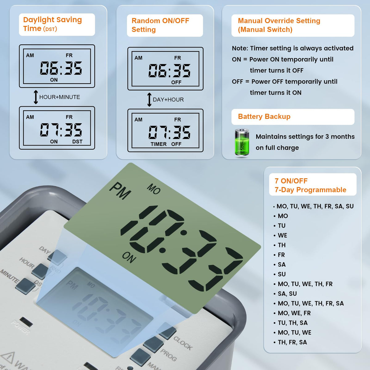 Suraielec pool timer 7-day program enables flexible scheduling.