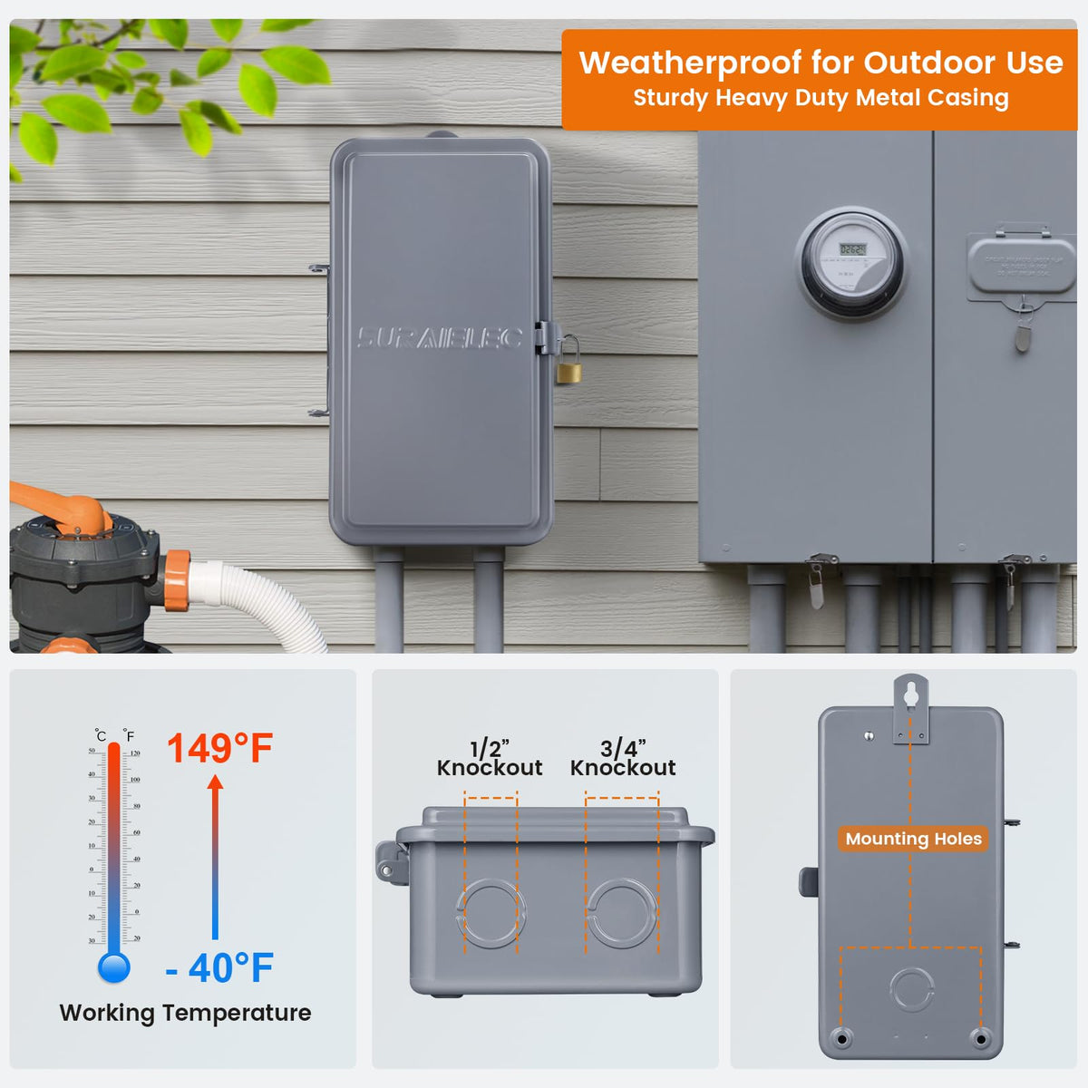 Suraielec pool timer weatherproof box protects electronics from rain and sun.