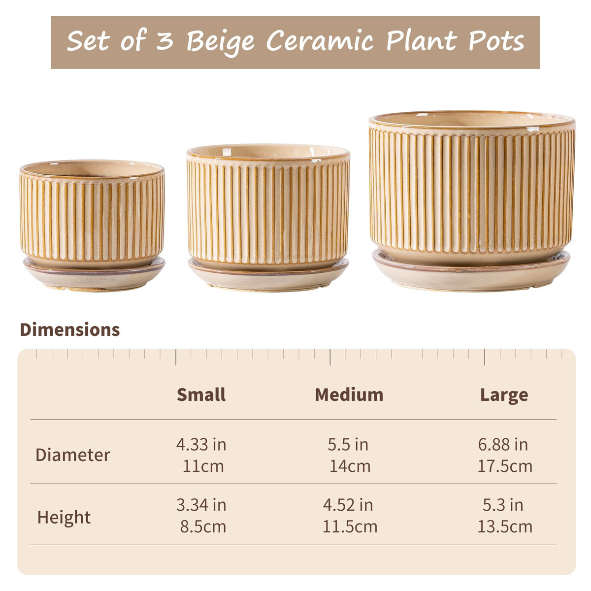 SURE YUESI beige striped ceramic pot close-up highlighting mesh pad and drainage