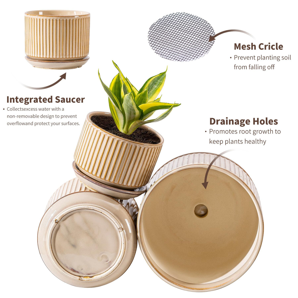 SURE YUESI three-piece beige striped planters arranged for coordinated decor