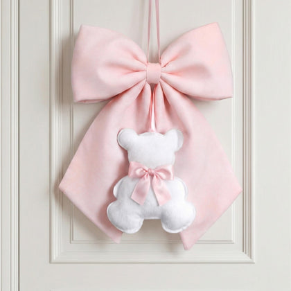 Sureio pink bow with bear wall art adds cozy nursery charm