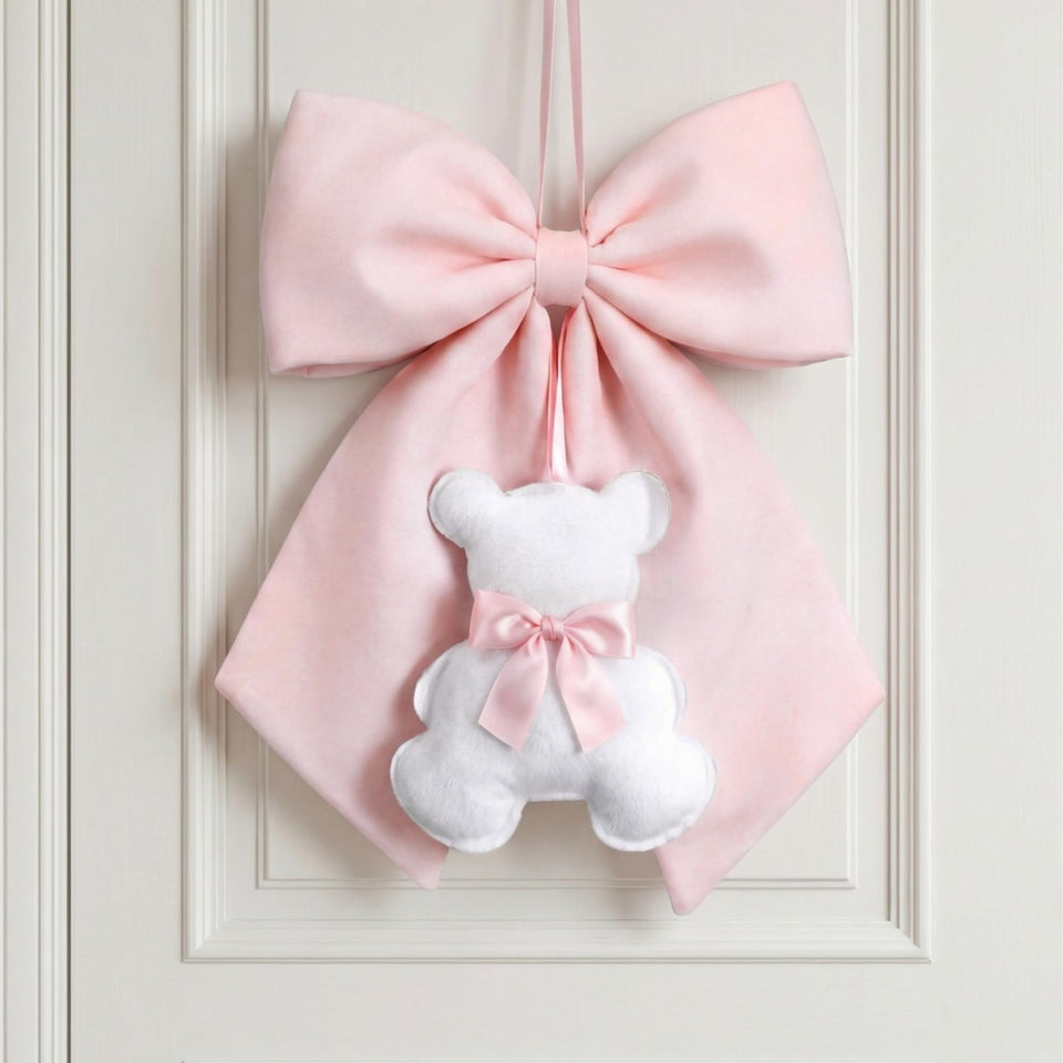 Sureio pink bow with bear wall art adds cozy nursery charm